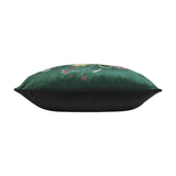 Side view of the Midnight Garden Animal Velvet Cushion in green, showing a piped edge, plush velvet texture, and floral embroidery on a plain white background.