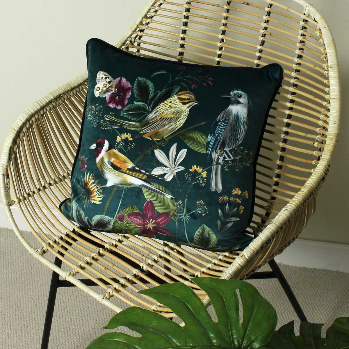 Midnight Garden Animal Velvet Cushion in green, printed with garden birds and florals with a piped edge, shown on a rattan chair.