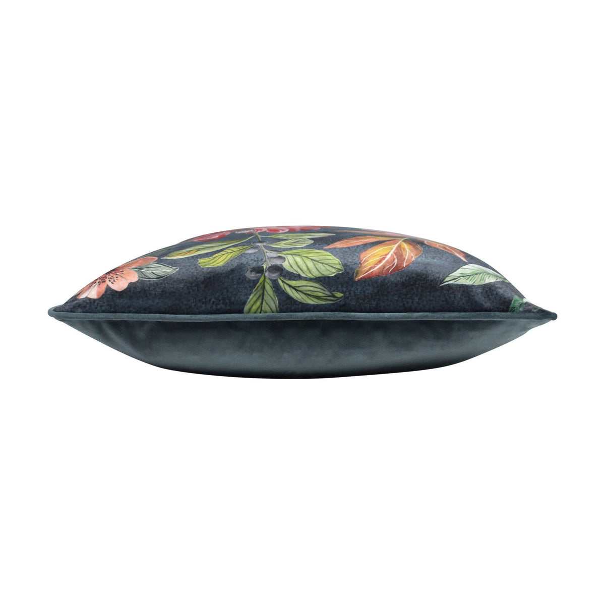 Side view of the Midnight Garden Floral Velvet Cushion, showing grey velvet reverse and floral printed edge with pink, coral and green foliage on a plain white background.