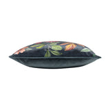 Side view of the Midnight Garden Floral Velvet Cushion, showing grey velvet reverse and floral printed edge with pink, coral and green foliage on a plain white background.