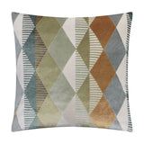 Metro Harlequin Jacquard Velvet Cushion in green, a square cushion with a vertical diamond pattern in muted sage, grey, rust and cream tones, shown on a plain white background.