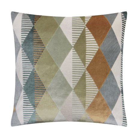 Metro Harlequin Jacquard Velvet Cushion in green, a square cushion with a vertical diamond pattern in muted sage, grey, rust and cream tones, shown on a plain white background.