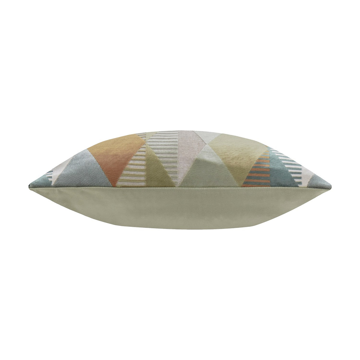 Green Metro Harlequin Jacquard Velvet Cushion shown side-on, revealing its plump tapered profile with a muted triangle pattern on the front and plain fabric on the reverse.