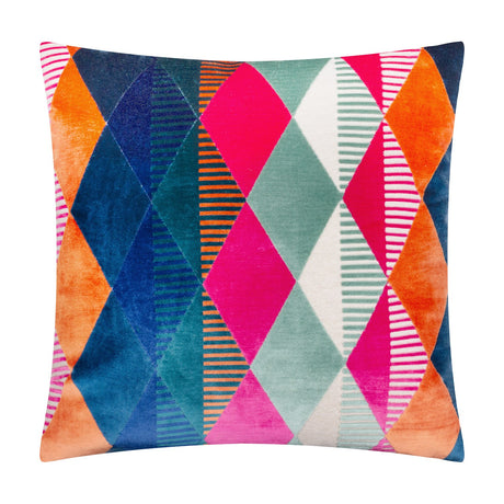Metro Harlequin Jacquard Velvet Cushion in a square shape, featuring a bold diamond pattern in pink, orange, teal, blue, cream and green with fine striped accents, shown on a plain white background.