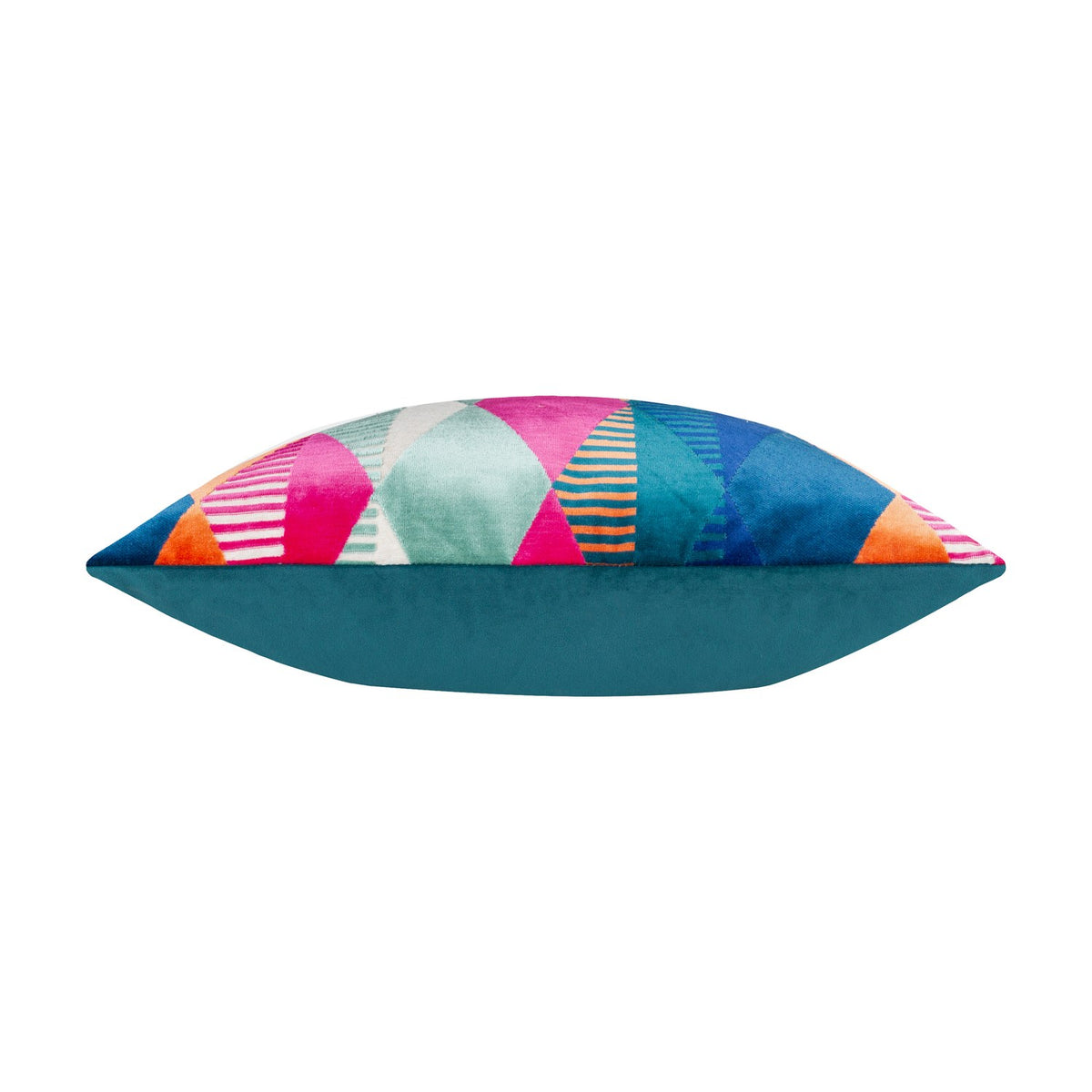 Side view of the Metro Harlequin Jacquard Velvet Cushion showing its plump edge, with a teal velvet back and multicoloured striped diamond pattern front, on a white background.
