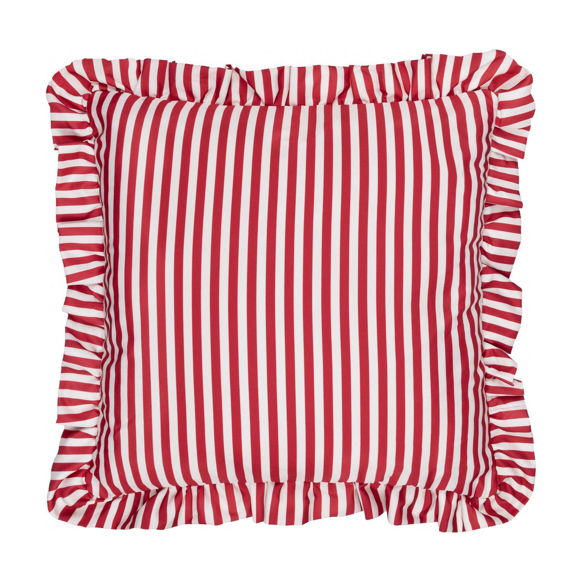 Millie Ruffle Striped Polyester Cushion in Candy Red, a square outdoor cushion with vertical red and white stripes and a gathered ruffle trim on all edges, shown on a plain white background.