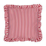 Millie Ruffle Striped Polyester Cushion in Candy Red, a square outdoor cushion with vertical red and white stripes and a gathered ruffle trim on all edges, shown on a plain white background.