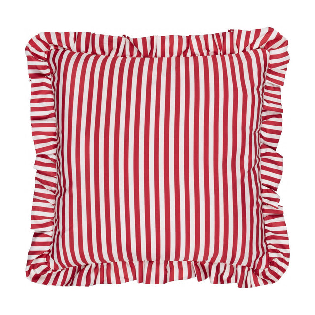 Millie Ruffle Striped Polyester Cushion in Candy Red, a square outdoor cushion with vertical red and white stripes and a gathered ruffle trim on all edges, shown on a plain white background.