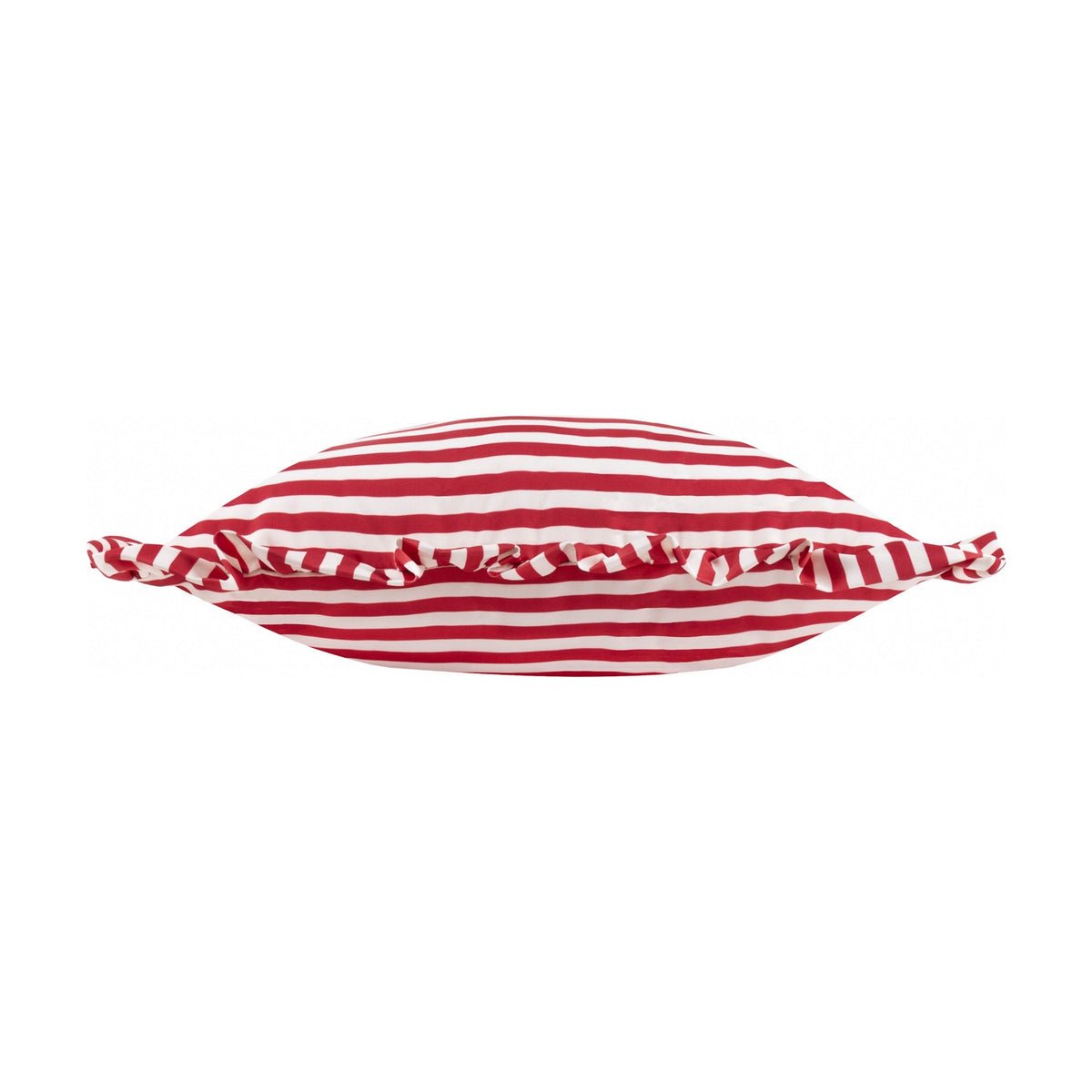 Millie Ruffle Striped Polyester Cushion in Candy Red, shown edge-on with vertical red and white stripes and a gathered ruffle trim, set against a plain white background.