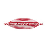 Millie Ruffle Striped Polyester Cushion in Candy Red, shown edge-on with vertical red and white stripes and a gathered ruffle trim, set against a plain white background.