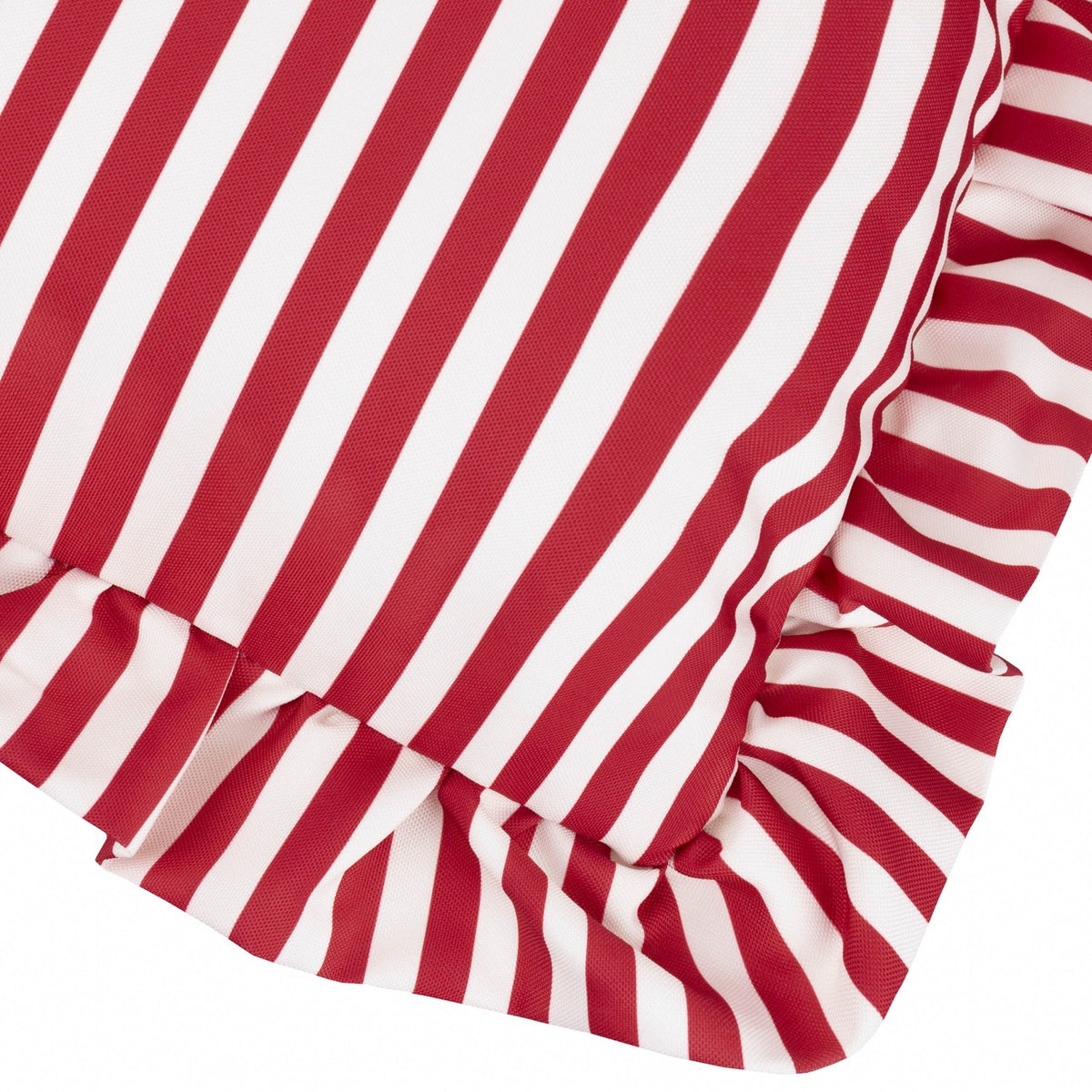 Close-up of the Millie Ruffle Striped Polyester Cushion in Candy Red, showing vertical red and white heritage stripes with a gathered ruffle trim along the edge.