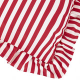 Close-up of the Millie Ruffle Striped Polyester Cushion in Candy Red, showing vertical red and white heritage stripes with a gathered ruffle trim along the edge.