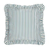 Millie Ruffle Striped Polyester Cushion in duck egg blue and cream, square with a ruffled edge trim, shown on a plain white background.