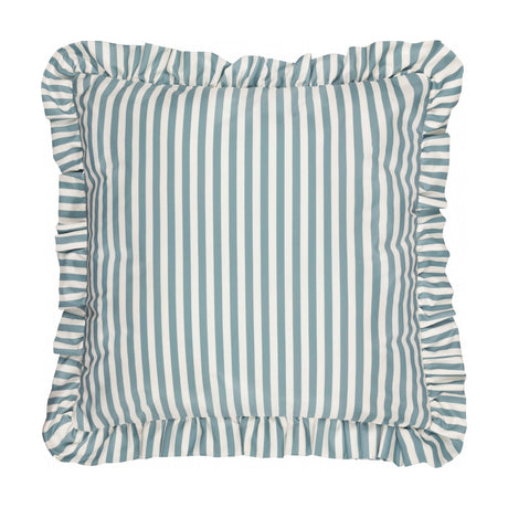 Millie Ruffle Striped Polyester Cushion in duck egg blue and cream, square with a ruffled edge trim, shown on a plain white background.