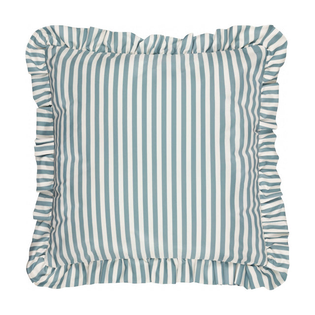 Millie Ruffle Striped Polyester Cushion in duck egg blue and cream, square with a ruffled edge trim, shown on a plain white background.