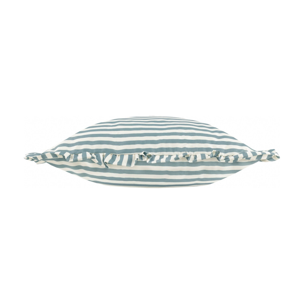 Millie Ruffle Striped Polyester Cushion in Duck Egg, shown edge-on with ruffle trim along the seam and blue-and-cream stripe pattern, on a plain white background.