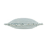 Millie Ruffle Striped Polyester Cushion in Duck Egg, shown edge-on with ruffle trim along the seam and blue-and-cream stripe pattern, on a plain white background.