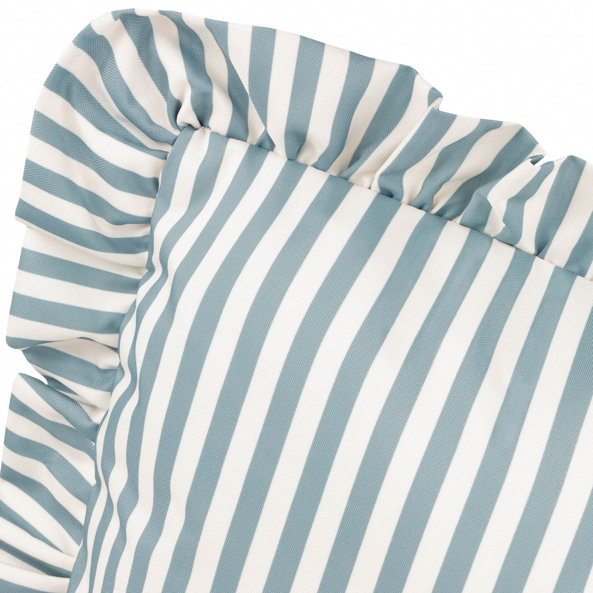 Millie Ruffle Striped Polyester Cushion in Duck Egg, close-up of the ruffled edge and narrow blue and white stripe pattern on a plain white background.