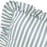 Millie Ruffle Striped Polyester Cushion in Duck Egg, close-up of the ruffled edge and narrow blue and white stripe pattern on a plain white background.