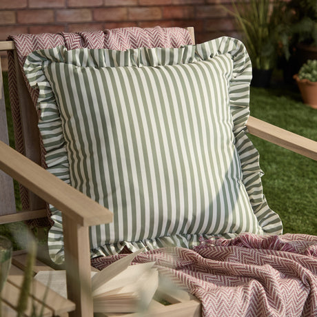 Millie Ruffle Striped Polyester Cushion - Green
