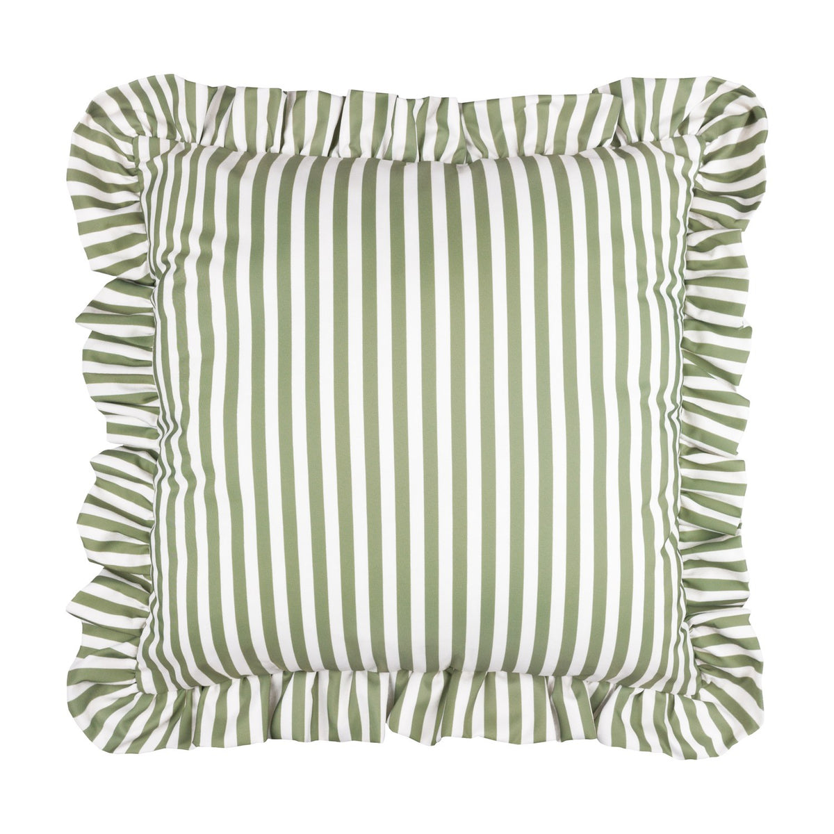 Millie Ruffle Striped Polyester Cushion in green and white heritage stripe, square with gathered ruffle trim edging, shown on a plain white background.