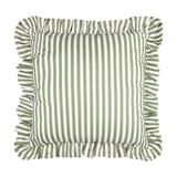 Millie Ruffle Striped Polyester Cushion in green and white heritage stripe, square with gathered ruffle trim edging, shown on a plain white background.