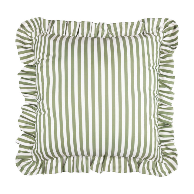 Millie Ruffle Striped Polyester Cushion in green and white heritage stripe, square with gathered ruffle trim edging, shown on a plain white background.