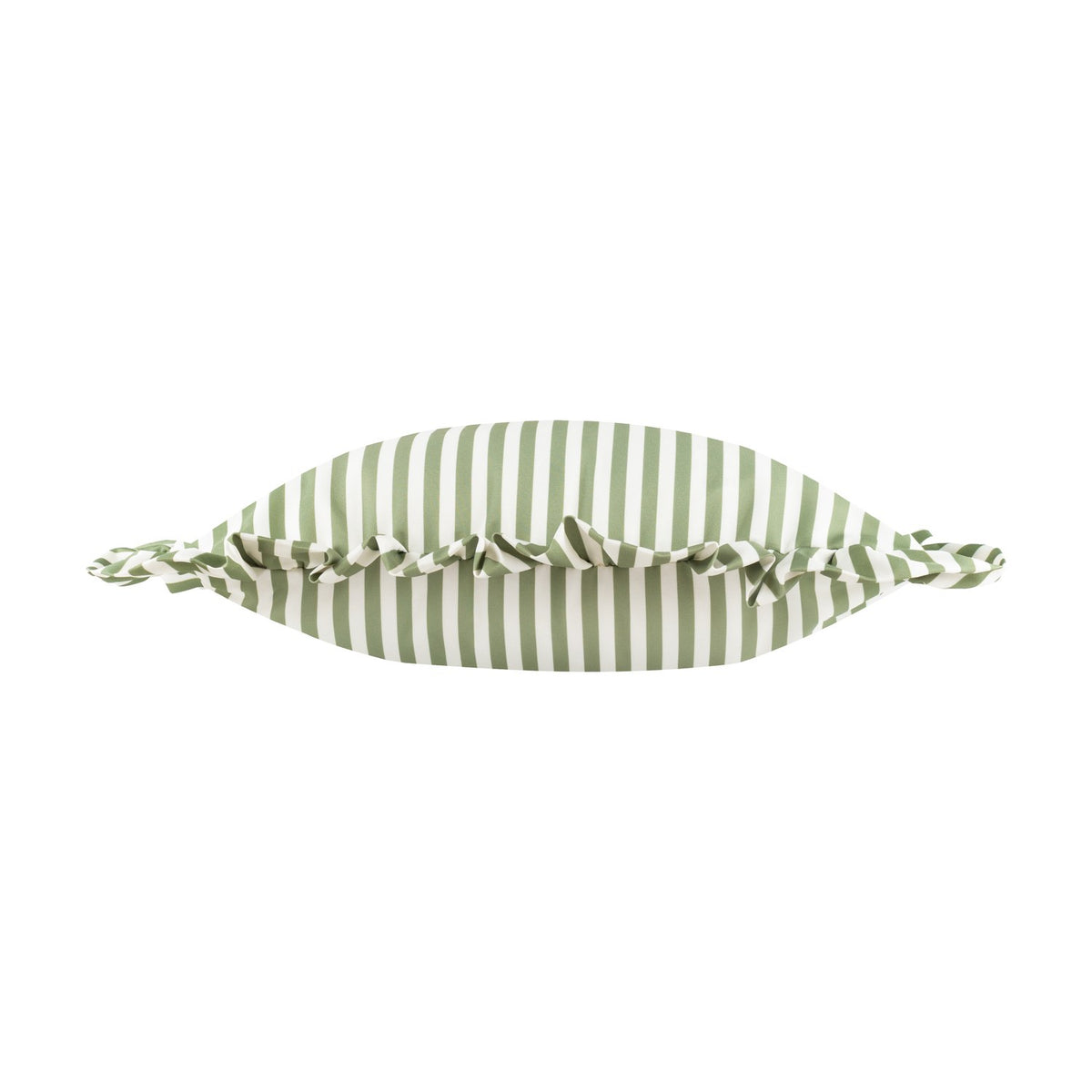 Millie Ruffle Striped Polyester Cushion in green and white heritage stripe, shown edge-on with gathered ruffle trim, on a plain white background.