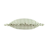 Millie Ruffle Striped Polyester Cushion in green and white heritage stripe, shown edge-on with gathered ruffle trim, on a plain white background.