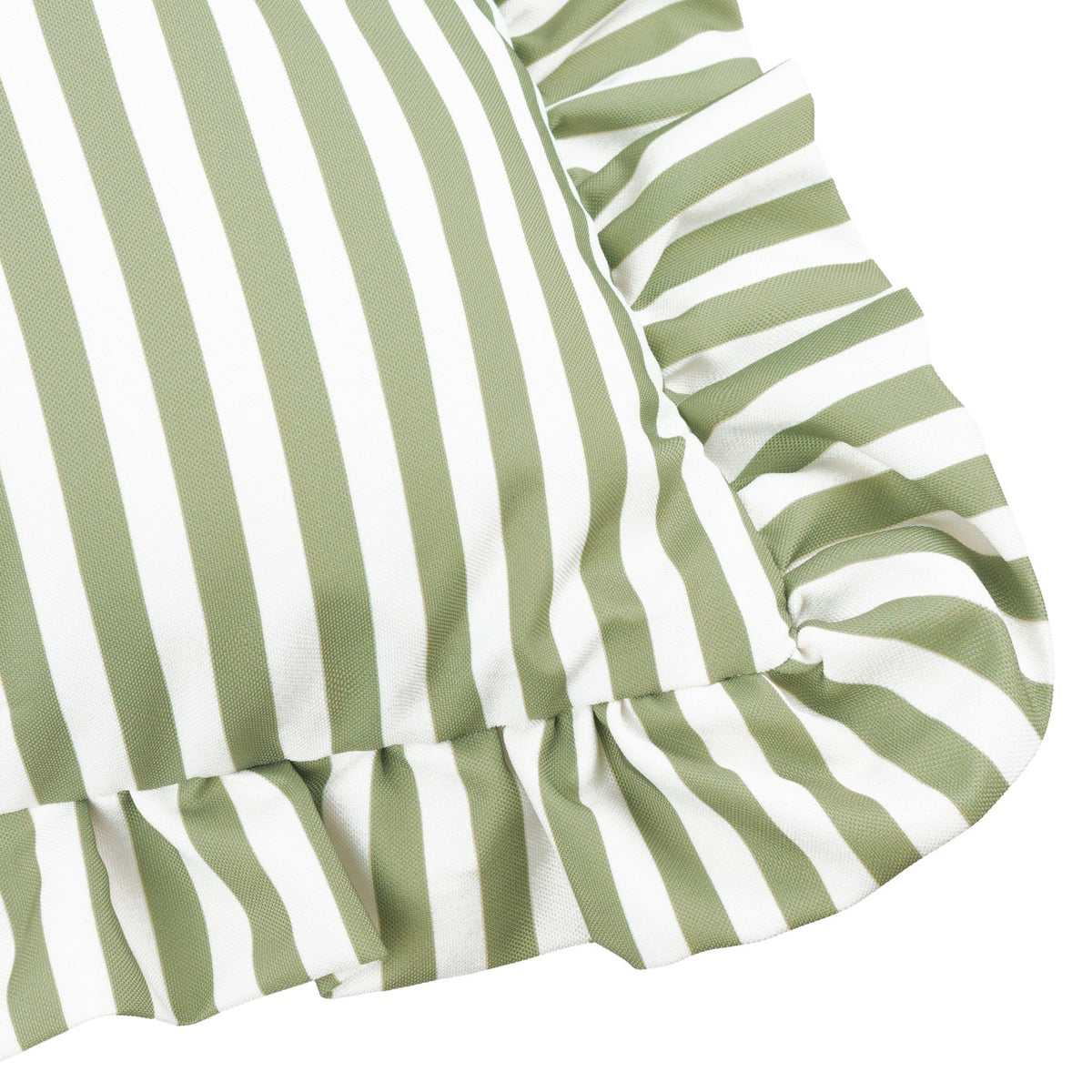 Close-up of the Millie Ruffle Striped Polyester Cushion in green and white heritage stripe, showing the gathered ruffle trim along the corner edge.
