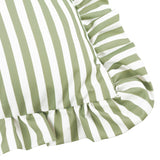 Close-up of the Millie Ruffle Striped Polyester Cushion in green and white heritage stripe, showing the gathered ruffle trim along the corner edge.