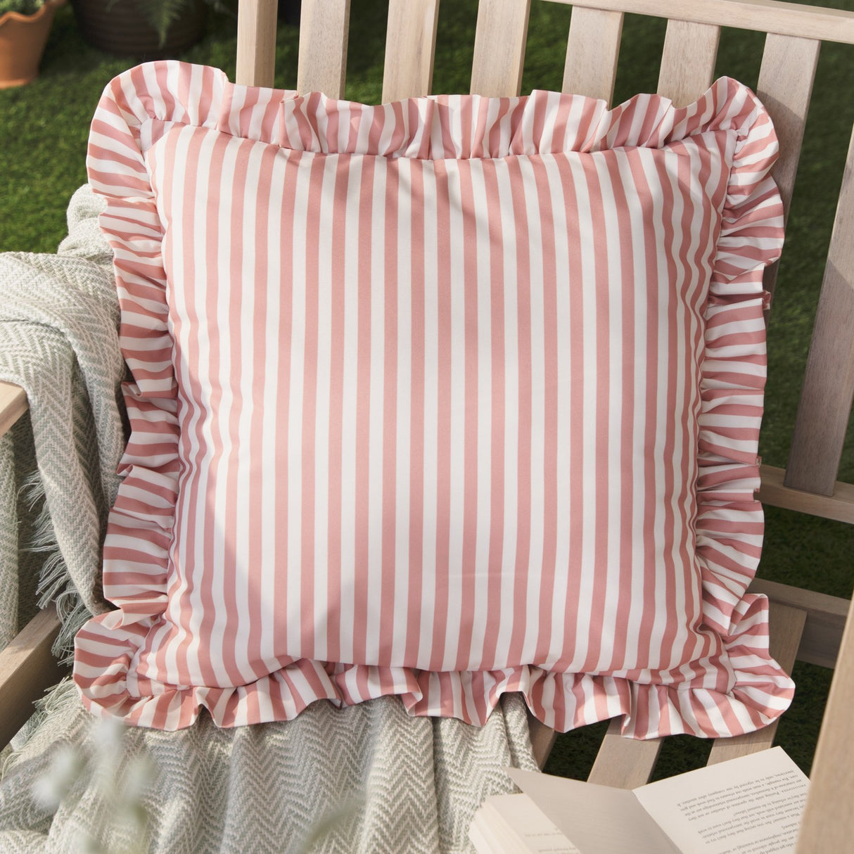 Millie Ruffle Striped Polyester Cushion - Pink