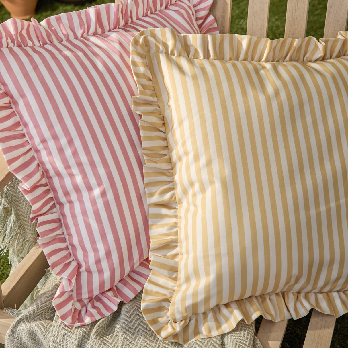 Millie Ruffle Striped Polyester Cushion - Pink