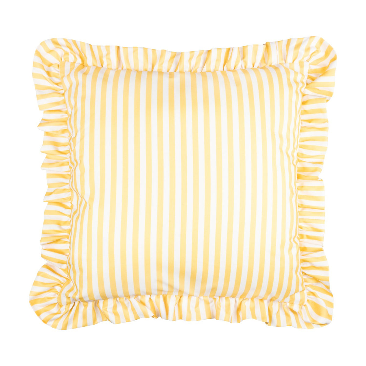 Millie Ruffle Striped Polyester Cushion in yellow and white, square with a gathered ruffle trim edging all sides, shown on a plain white background.