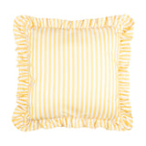Millie Ruffle Striped Polyester Cushion in yellow and white, square with a gathered ruffle trim edging all sides, shown on a plain white background.
