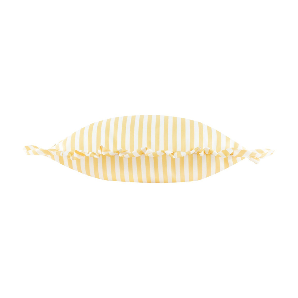 Millie Ruffle Striped Polyester Cushion in yellow and white stripes, shown corner-to-corner with a gathered ruffle trim along the seam, on a plain white background.