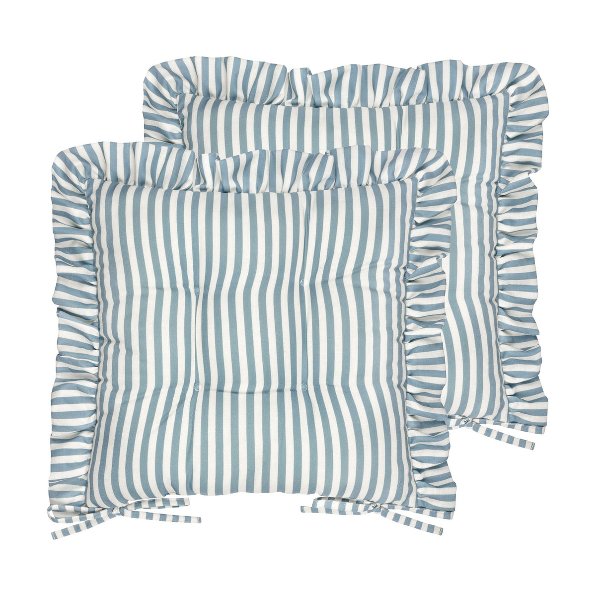 Millie Ruffle Striped Polyester Seat Pad in blue and white vertical stripe, pair shown with tufted centre and gathered frill edge, tie fastenings, on a plain white background.