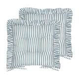 Millie Ruffle Striped Polyester Seat Pad in blue and white vertical stripe, pair shown with tufted centre and gathered frill edge, tie fastenings, on a plain white background.