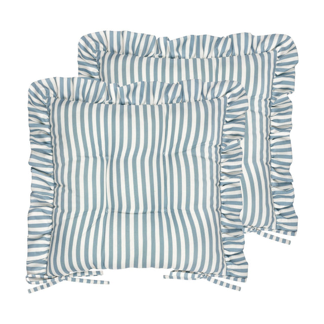 Millie Ruffle Striped Polyester Seat Pad in blue and white vertical stripe, pair shown with tufted centre and gathered frill edge, tie fastenings, on a plain white background.