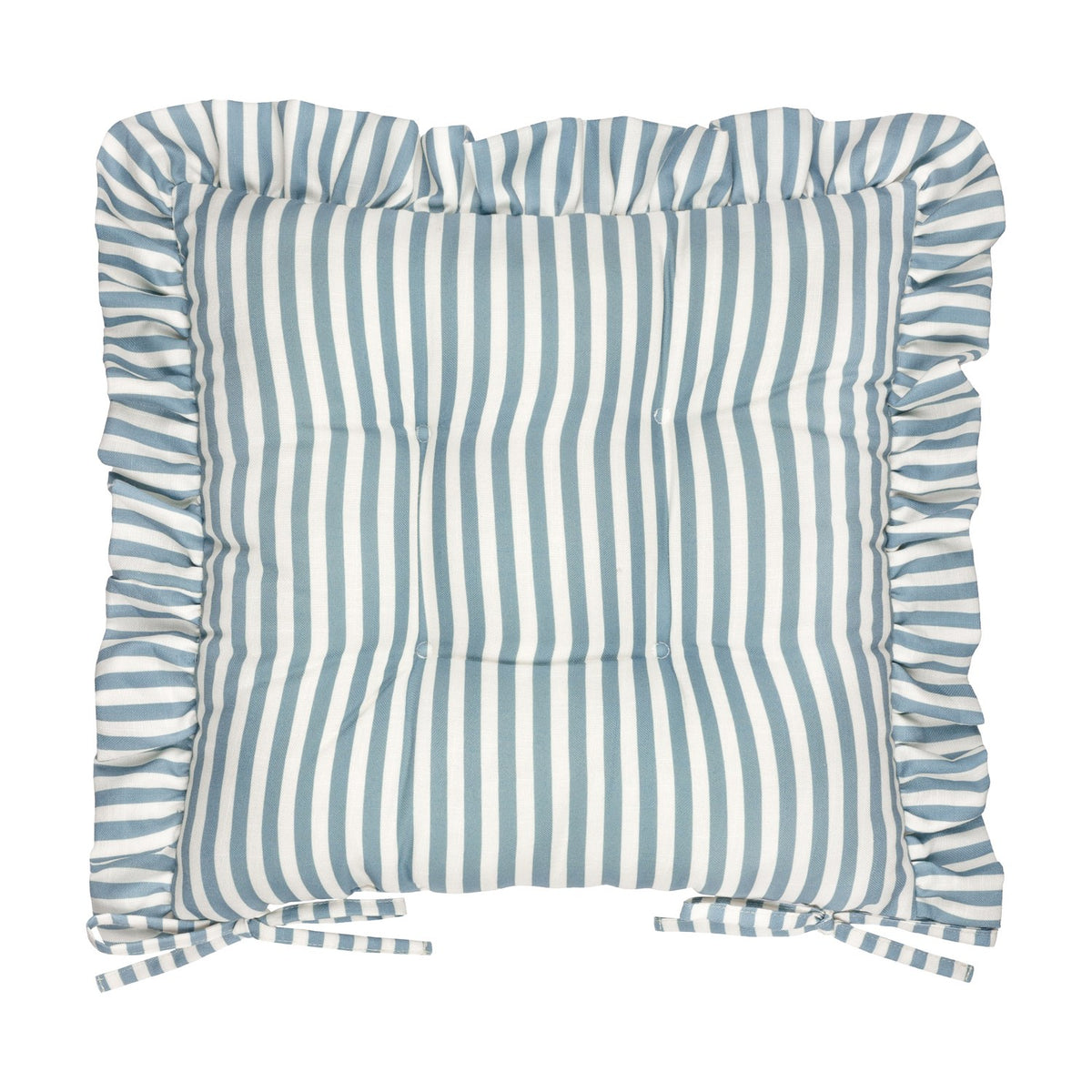 Millie Ruffle Striped Polyester Seat Pad in blue and white vertical stripe, square cushion with tufted centre and gathered frill edge, tie fastenings, on a white background.