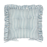 Millie Ruffle Striped Polyester Seat Pad in blue and white vertical stripe, square cushion with tufted centre and gathered frill edge, tie fastenings, on a white background.