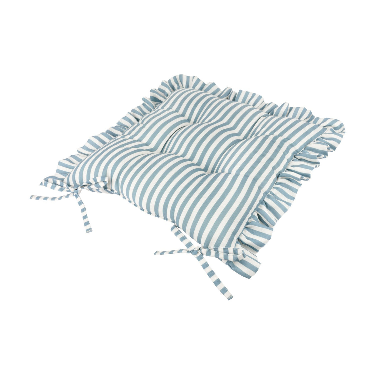Millie Ruffle Striped Polyester Seat Pad in blue and white vertical stripes, square cushion with centre tufting and a gathered frill edge, tie fastenings visible, on a plain white background.