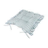 Millie Ruffle Striped Polyester Seat Pad in blue and white vertical stripes, square cushion with centre tufting and a gathered frill edge, tie fastenings visible, on a plain white background.