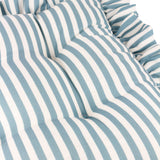 Close-up of the Millie Ruffle Striped Polyester Seat Pad in blue and white, showing tufted centre buttons and gathered frill trim on the fabric edge.