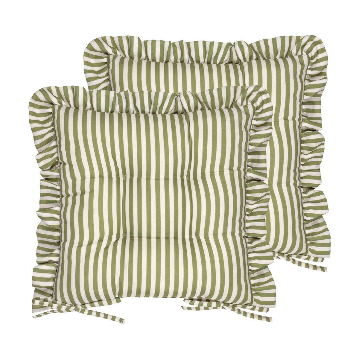 Millie Ruffle striped polyester seat pads in green and white with ruffle trim edging and tie fastenings, shown as a pair on a plain white background.