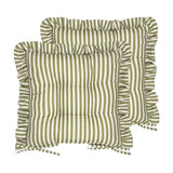 Millie Ruffle striped polyester seat pads in green and white with ruffle trim edging and tie fastenings, shown as a pair on a plain white background.