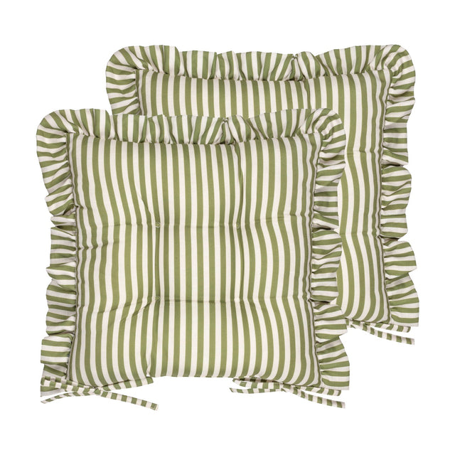 Millie Ruffle striped polyester seat pads in green and white with ruffle trim edging and tie fastenings, shown as a pair on a plain white background.