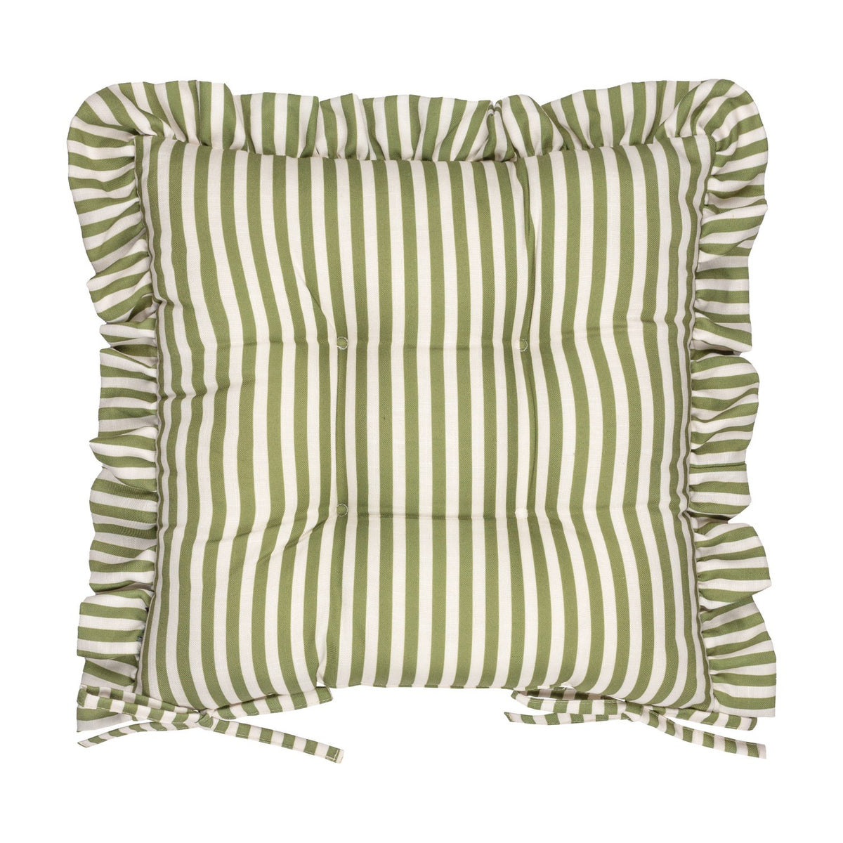 Millie Ruffle Striped Polyester Seat Pad in green and white, a square padded chair cushion with ruffle trim edging and tie fastenings, shown on a white background.