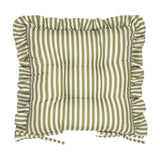 Millie Ruffle Striped Polyester Seat Pad in green and white, a square padded chair cushion with ruffle trim edging and tie fastenings, shown on a white background.