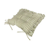 Millie Ruffle striped polyester seat pad in green and white, tufted square cushion with ruffled edge trim and fabric ties, shown on a plain white background.